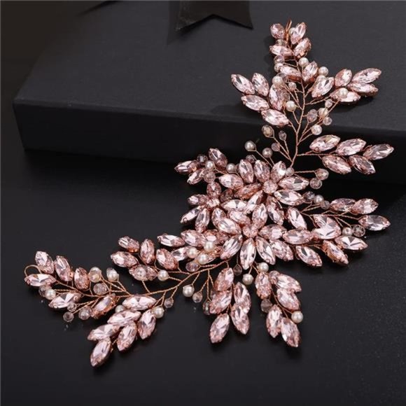 Teyglen Pink Rhinestones Pearls Crystals Large Headband Hair Vine Handmade
